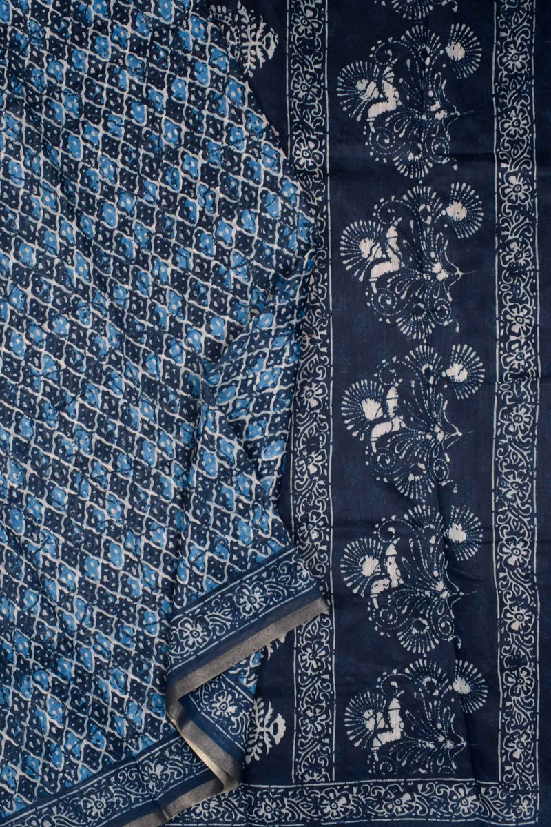 Indigo Blue Semi Chanderi Printed Saree