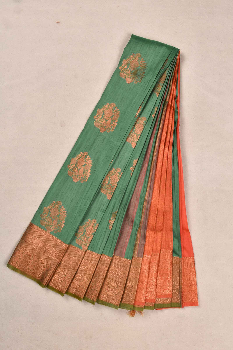 Light Blue Semi Silk Fancy Butta Contrast Orange Blouse Saree