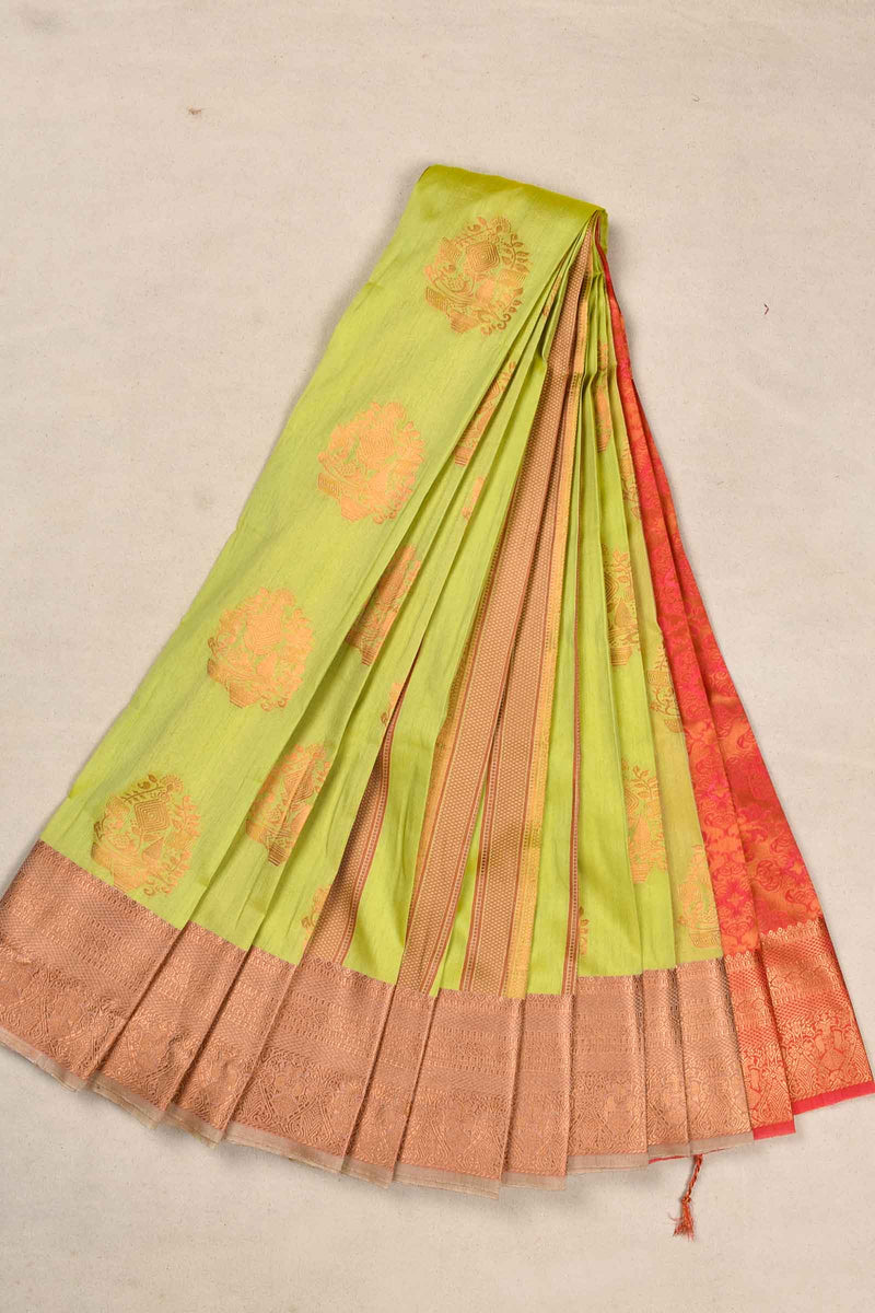 Bright Light Green Semi Silk Fancy Butta Contrast Blouse Saree