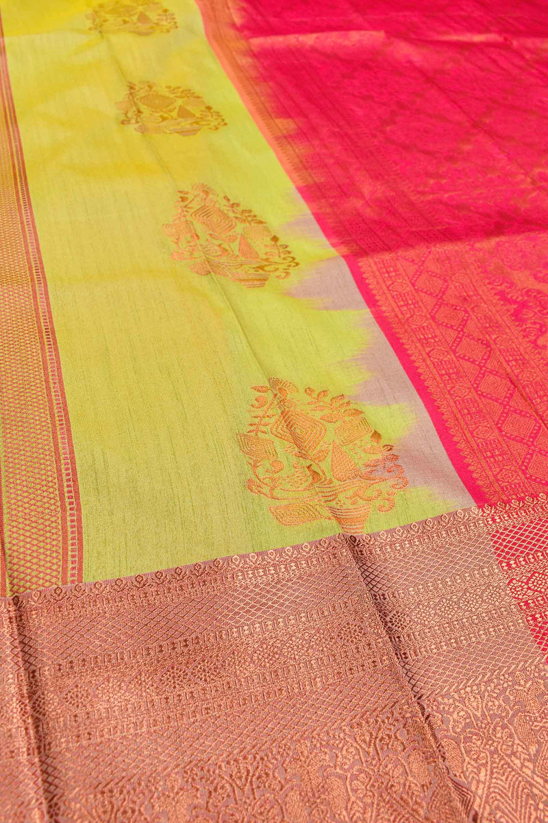 Bright Light Green Semi Silk Fancy Butta Contrast Blouse Saree