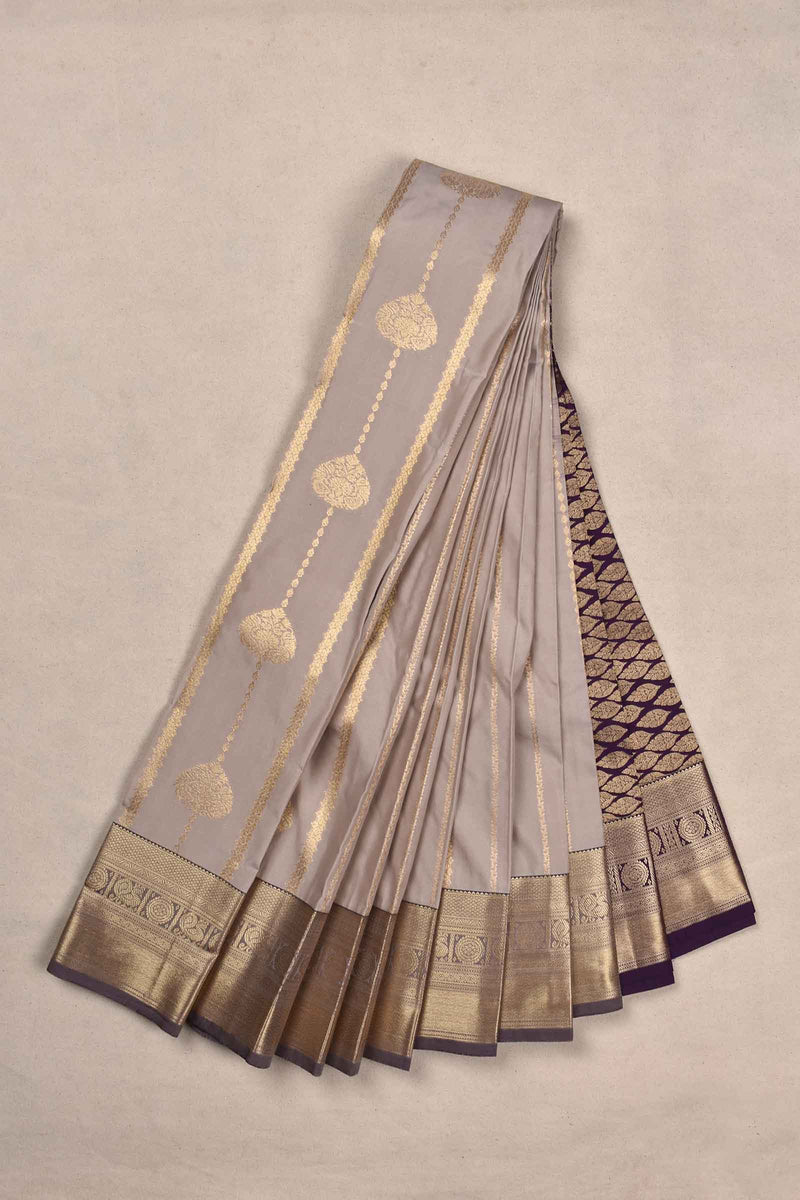 Silver Semi Silk Parallel Chains Butta Contrast Violet Blouse Saree