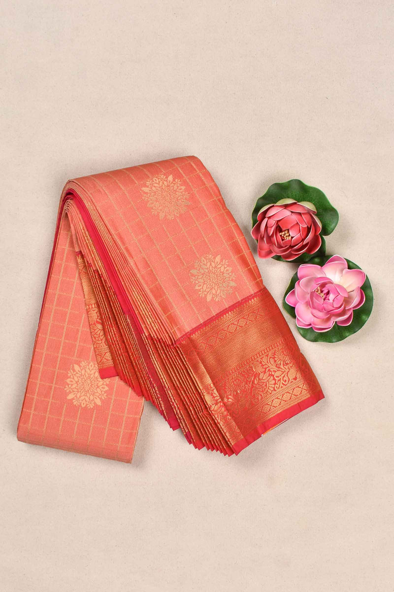 Peach Semi Silk Checkred Floral Butta Contrast Red Blouse Saree