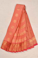 Peach Semi Silk Checkred Floral Butta Contrast Red Blouse Saree