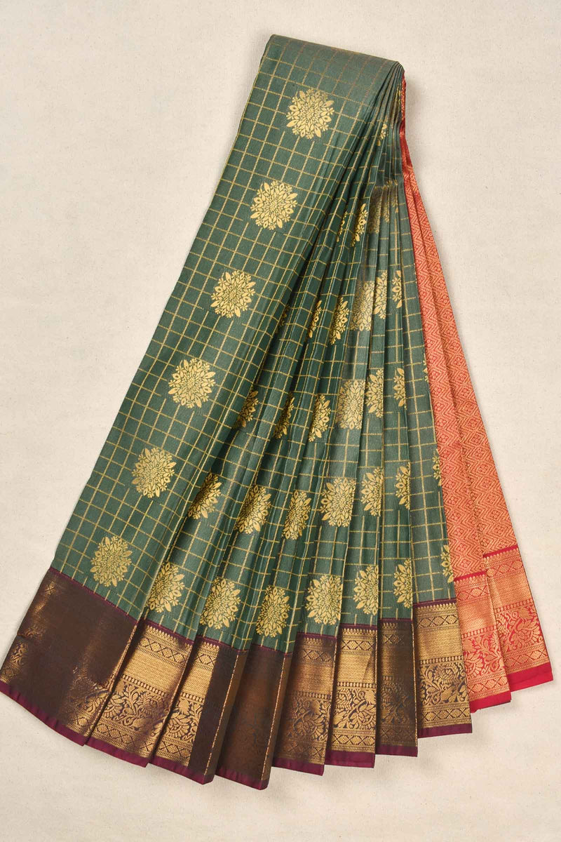 Green Semi Silk Checkered Floral Butta Saree