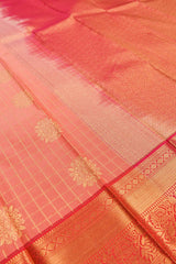 Peach Semi Silk Checkred Floral Butta Contrast Red Blouse Saree