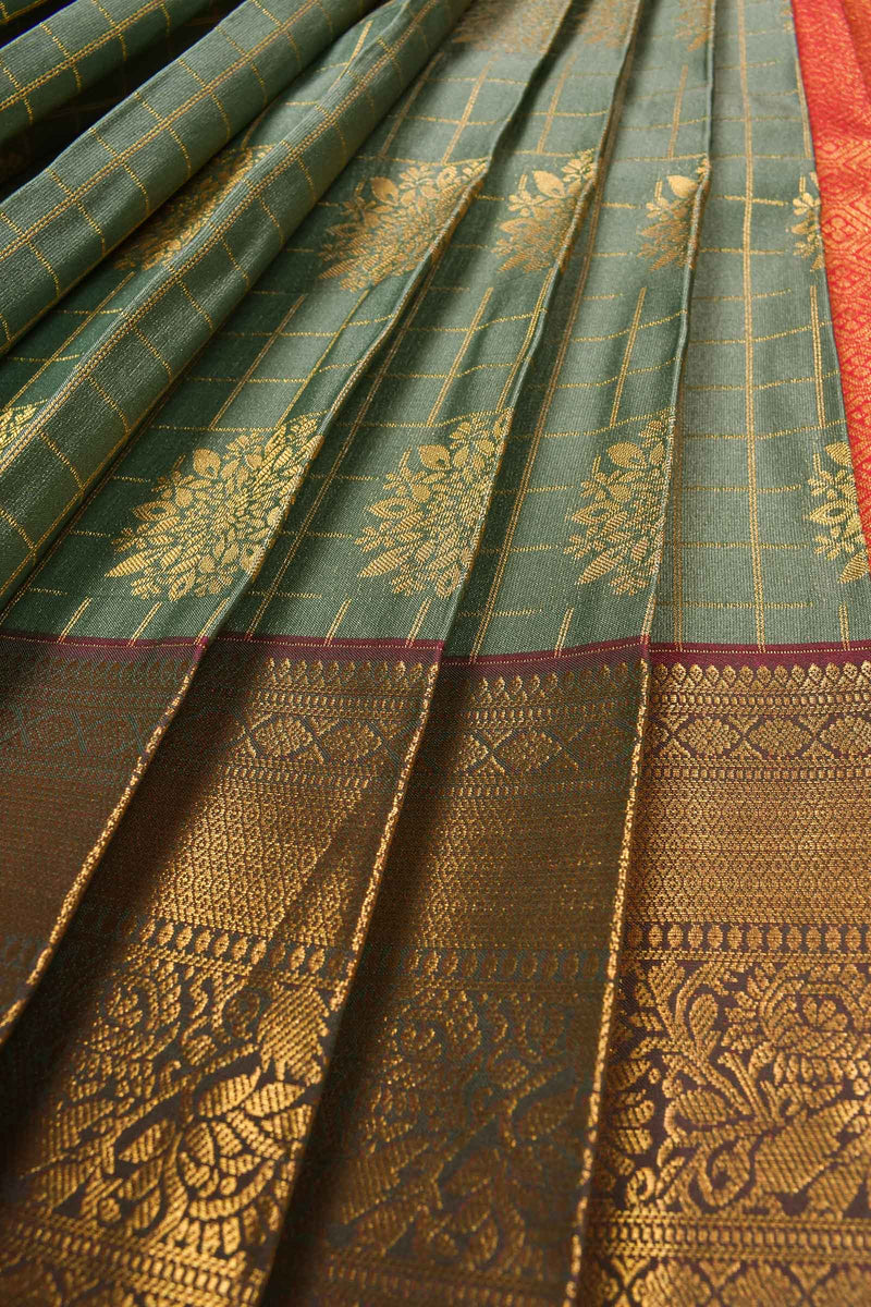 Green Semi Silk Checkered Floral Butta Saree