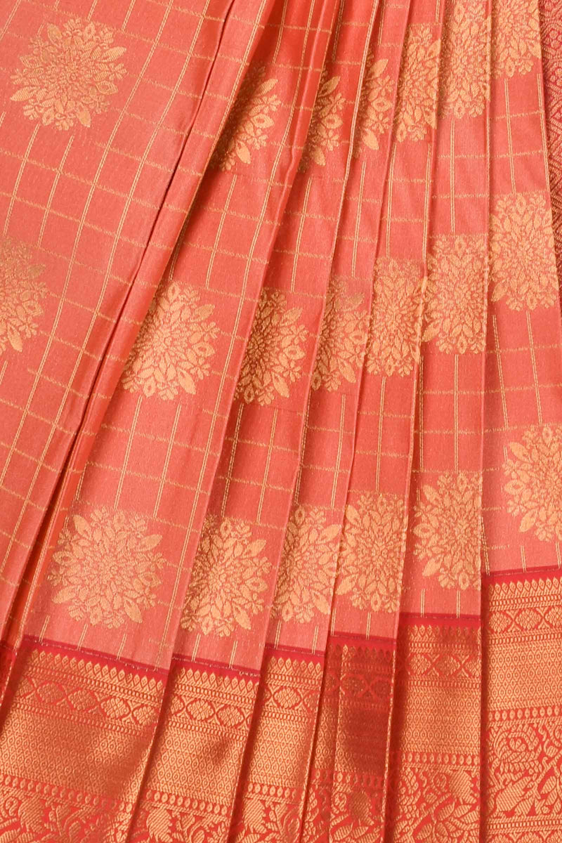 Peach Semi Silk Checkred Floral Butta Contrast Red Blouse Saree