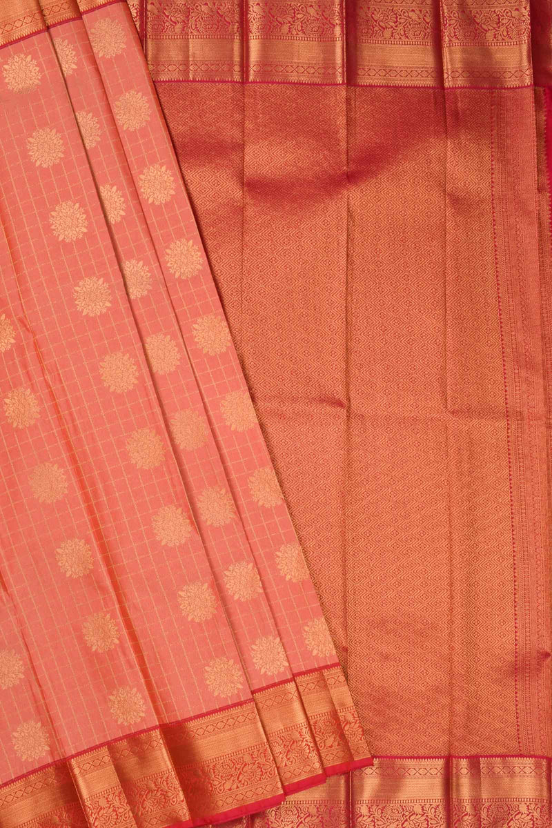 Peach Semi Silk Checkred Floral Butta Contrast Red Blouse Saree