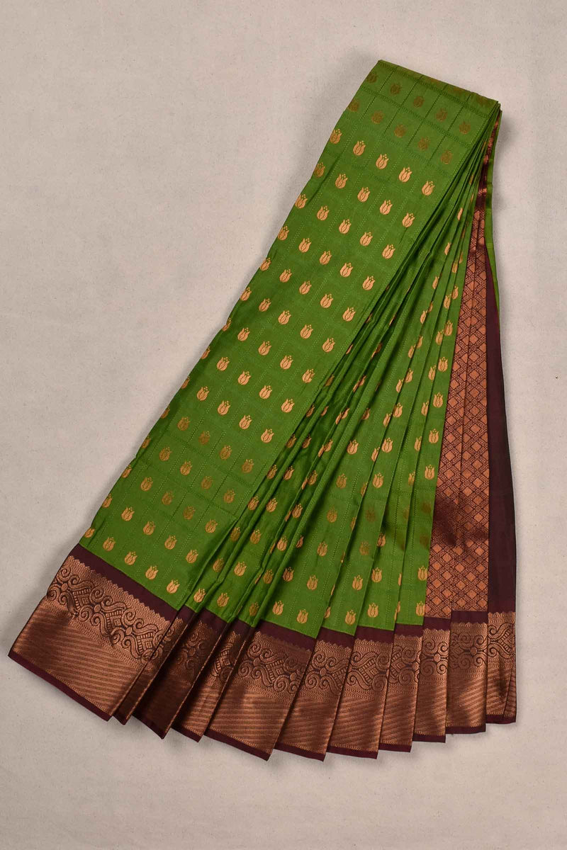 Green Semi Silk Little Lotus Butta Contrast Maroon Blouse Saree