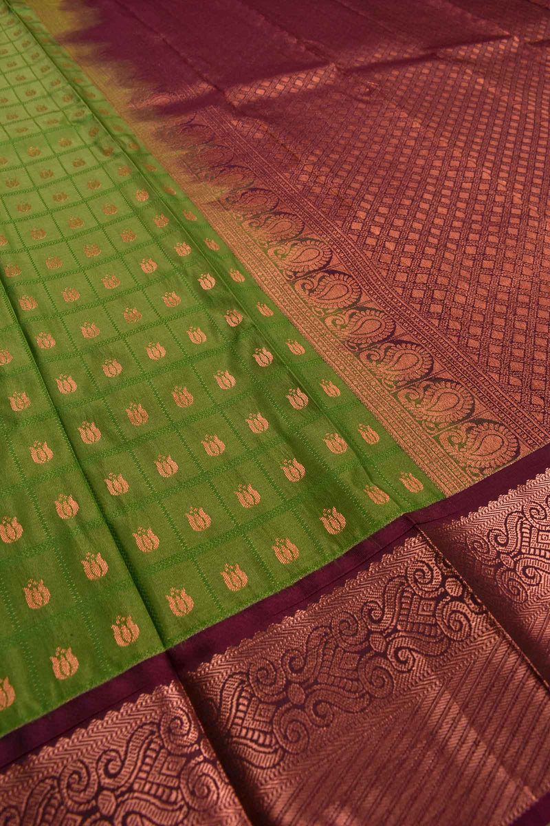 Green Semi Silk Little Lotus Butta Contrast Maroon Blouse Saree