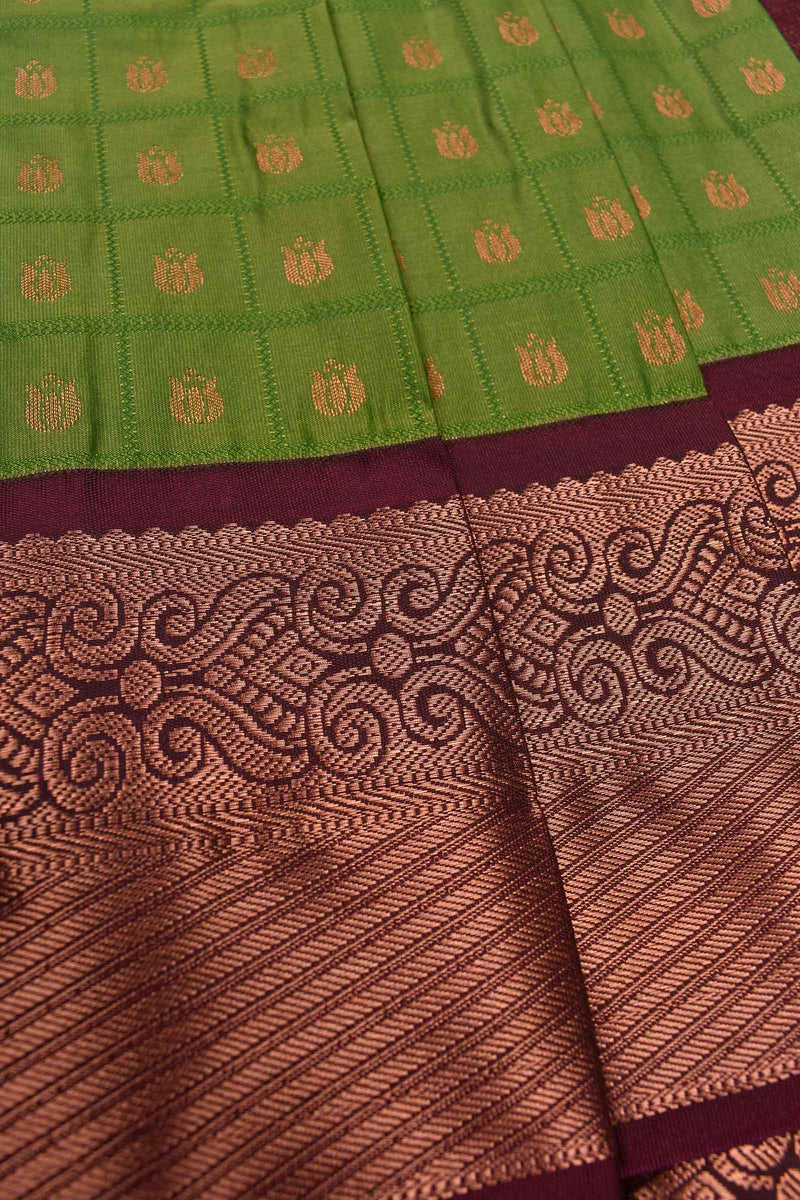 Green Semi Silk Little Lotus Butta Contrast Maroon Blouse Saree