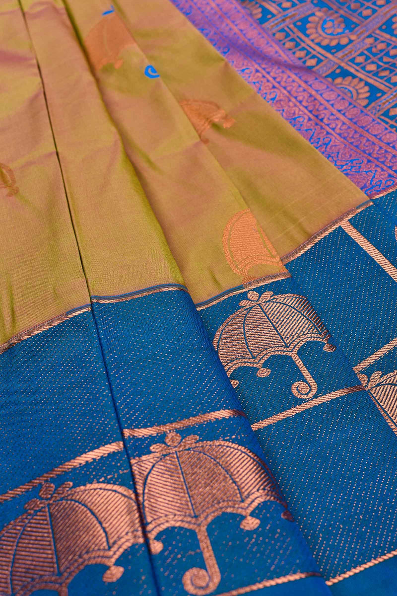 Green Semi Silk Saree Kudai Butta Contrast Blue Blouse