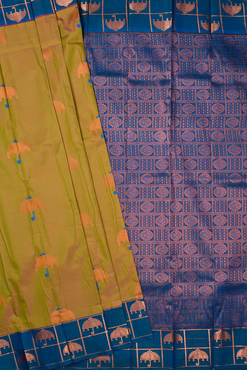 Green Semi Silk Saree Kudai Butta Contrast Blue Blouse