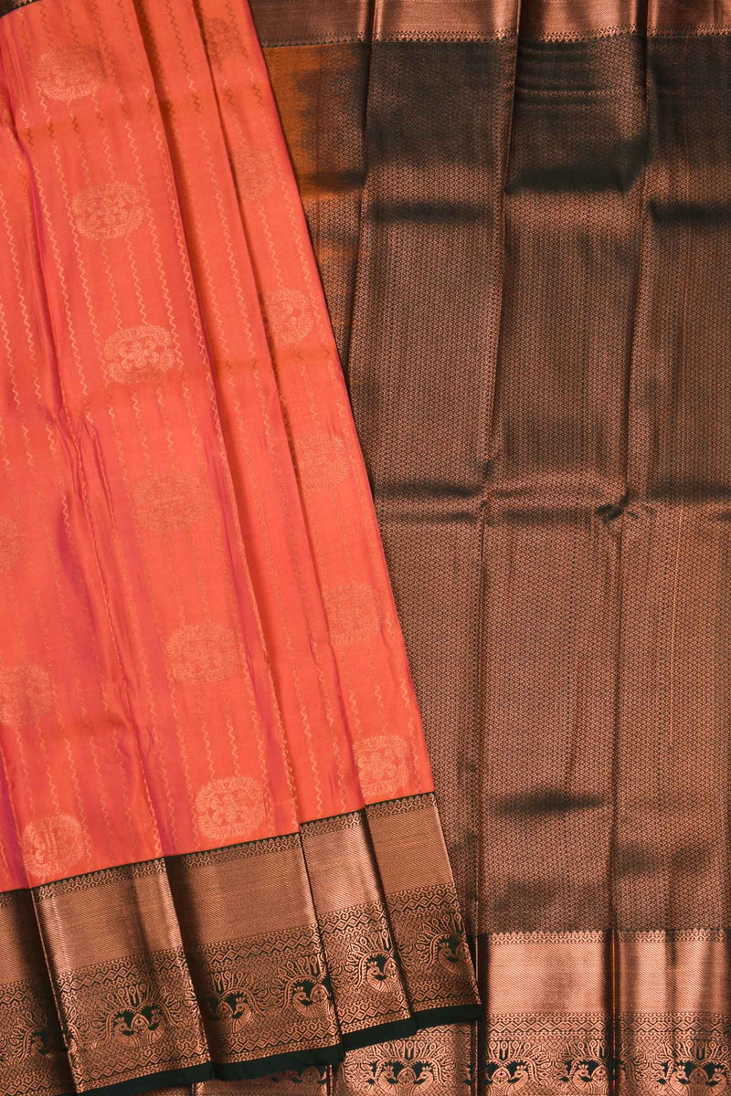 Orange Semi Silk Contrast Green Blouse Pallu Saree