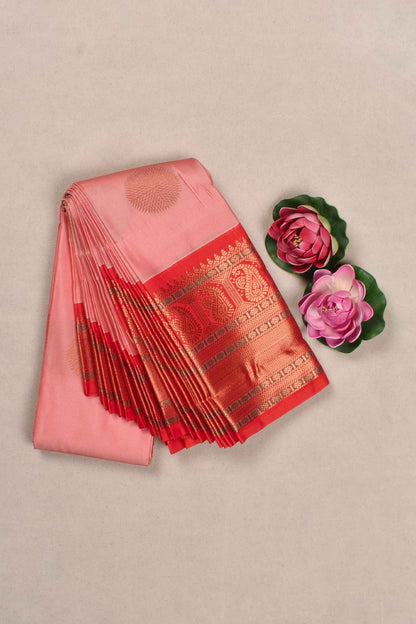 Light Pink Semi Silk Mango Pallu Contrast Red Blouse Saree