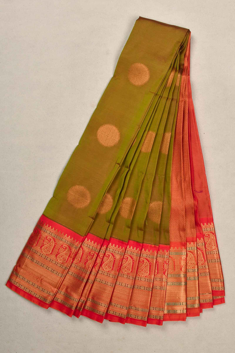 Green Semi Silk Mango Pallu Contrast Blouse Saree