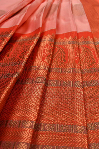 Light Pink Semi Silk Mango Pallu Contrast Red Blouse Saree