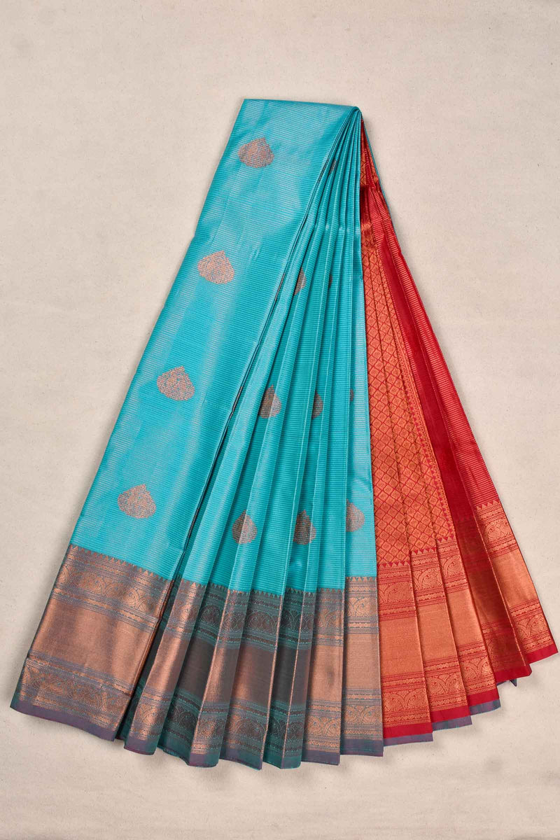 Blue Semi Silk Traditional Butta Contrast Pallu Blouse Saree