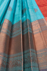 Blue Semi Silk Traditional Butta Contrast Pallu Blouse Saree