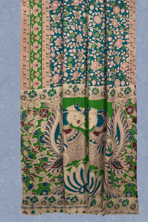 Teal Color Kalamkari Pure Cotton All Over Flowers Contrast Printed Pallu Saree