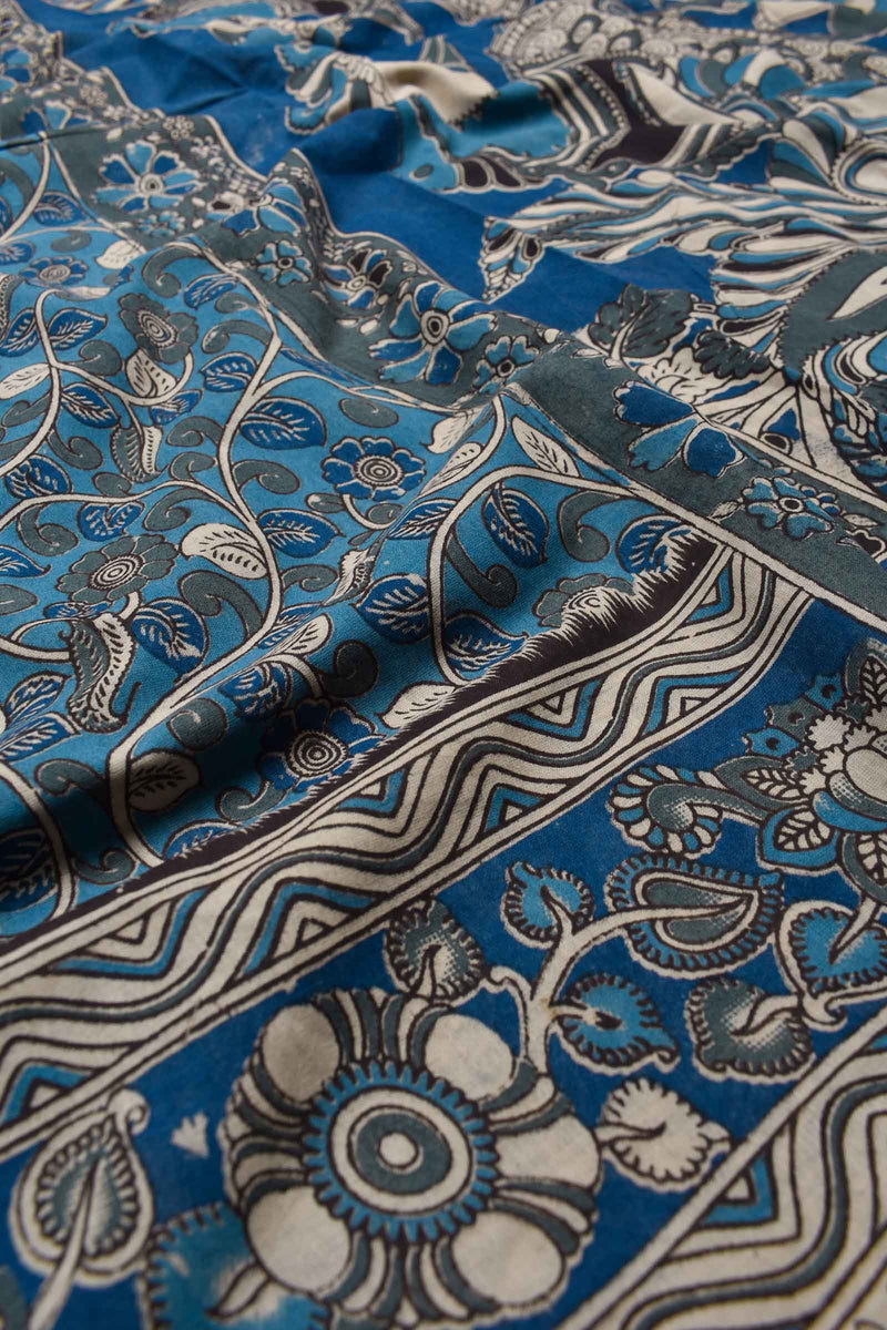 Blue on Blue Kalamkari Pure Cotton Printed Saree