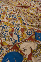 Off White Kalamkari Pure Cotton Multicolor Birds Peacock Printed Border Saree