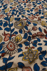 Off white and Blue Kalamkari Pure Cotton Peacock Printed Pallu Saree