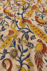 Off White Kalamkari Pure Cotton Multicolor Birds Peacock Printed Border Saree