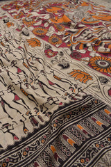 Off White Kalamkari Pure Cotton Warli Prints Peacock Pallu Saree