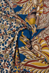 Off white and Blue Kalamkari Pure Cotton Peacock Printed Pallu Saree