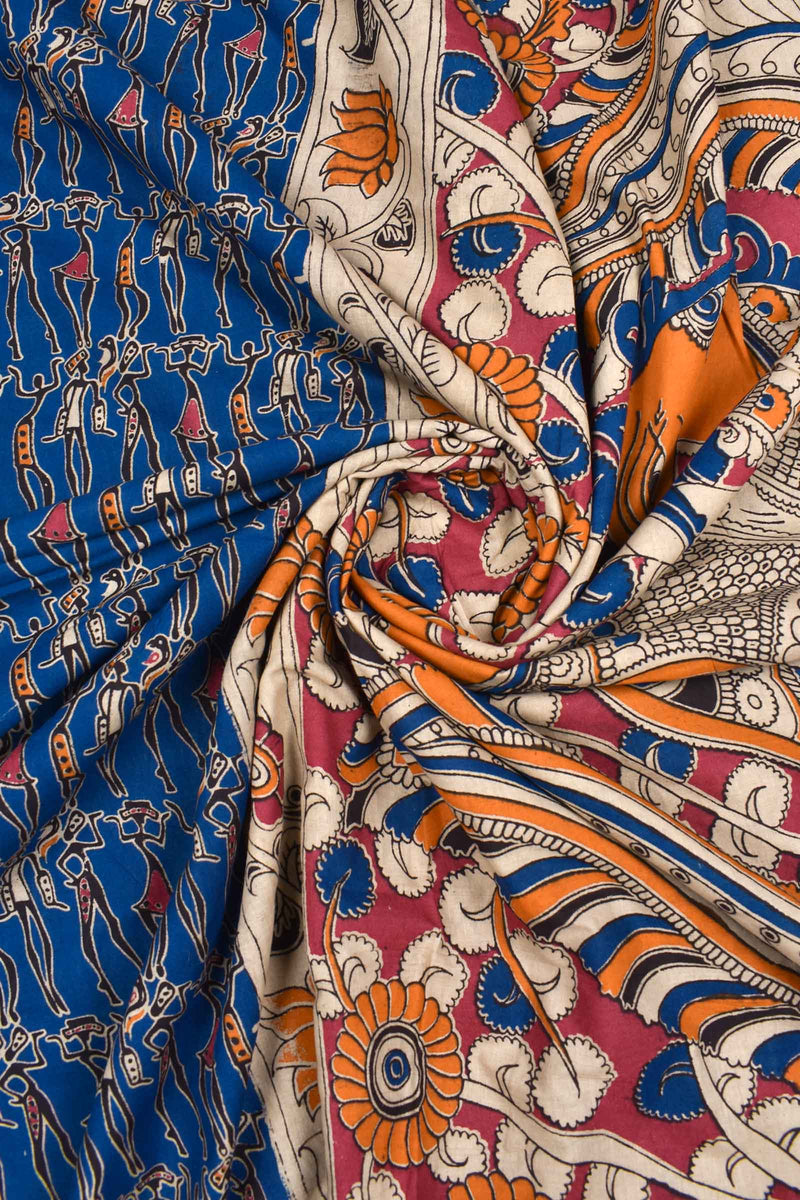 Blue Kalamkari Pure Cotton Warli Prints Peacock Pallu Saree