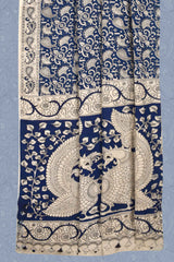 Blue Kalamkari Pure Cotton Paisely Flowers Printed Peacock Pallu Saree