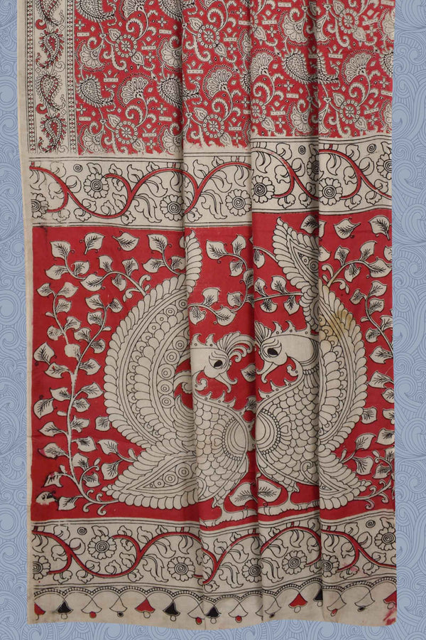 Red Kalamkari Pure Cotton Paisely Flowers Printed Peacock Pallu Saree