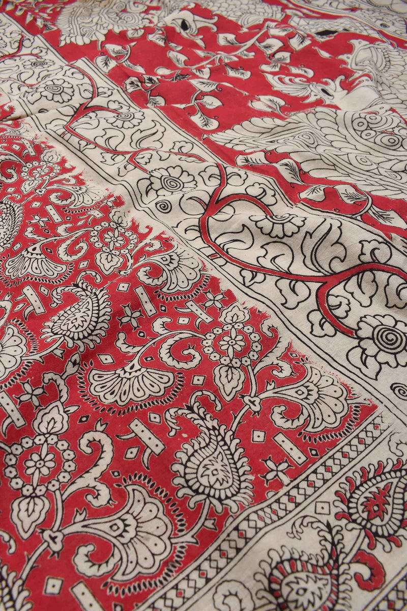 Red Kalamkari Pure Cotton Paisely Flowers Printed Peacock Pallu Saree