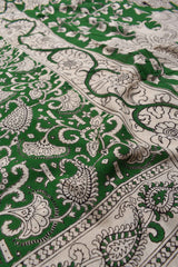 Green Kalamkari Pure Cotton Paisely Flowers Printed Peacock Pallu Saree