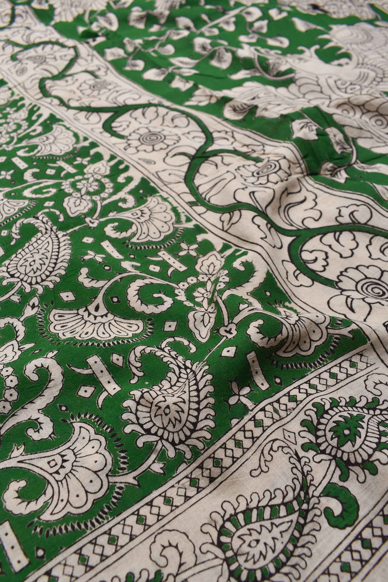 Green Kalamkari Pure Cotton Paisely Flowers Printed Peacock Pallu Saree