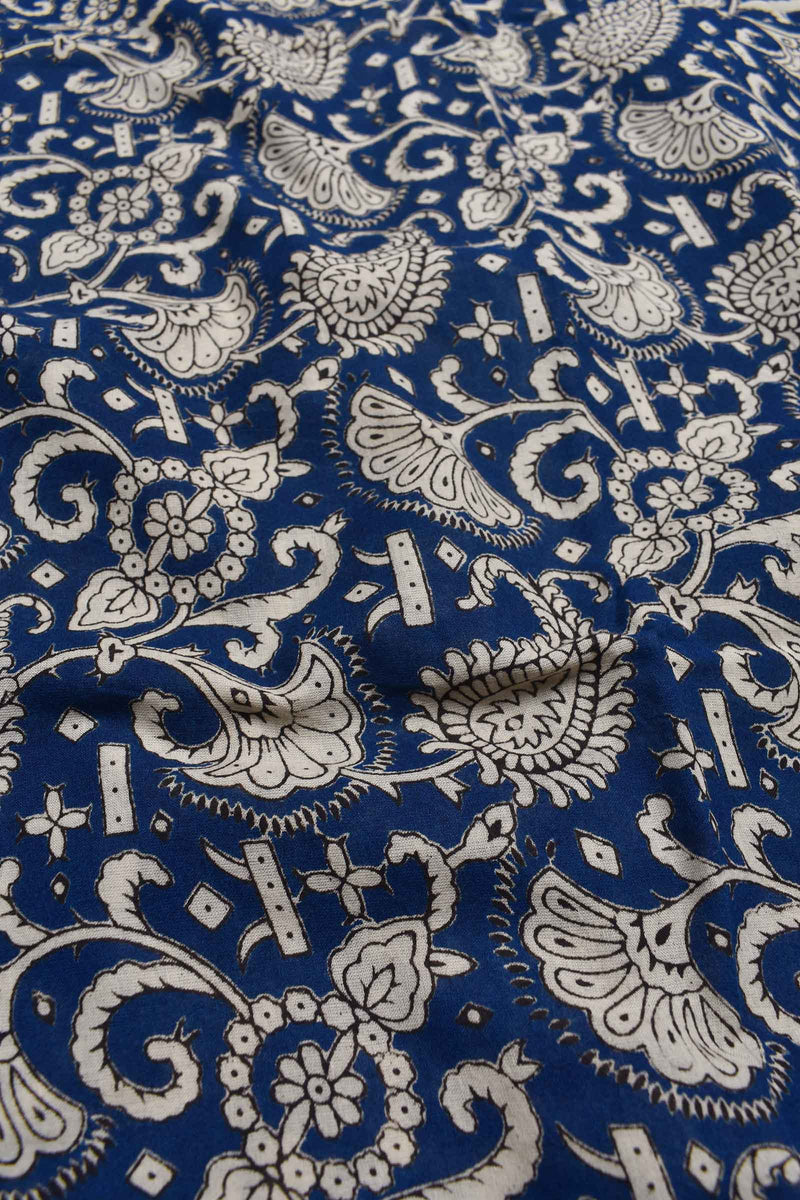 Blue Kalamkari Pure Cotton Paisely Flowers Printed Peacock Pallu Saree