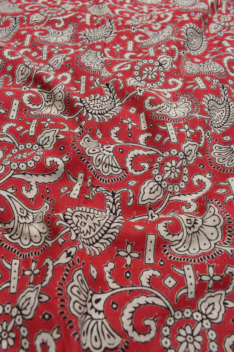 Red Kalamkari Pure Cotton Paisely Flowers Printed Peacock Pallu Saree