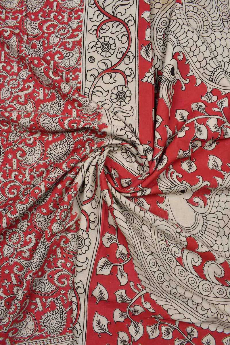 Red Kalamkari Pure Cotton Paisely Flowers Printed Peacock Pallu Saree