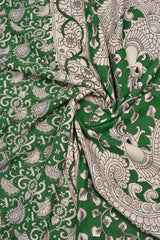 Green Kalamkari Pure Cotton Paisely Flowers Printed Peacock Pallu Saree