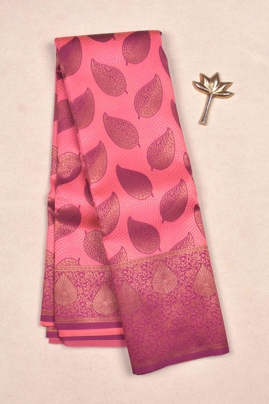 Dark Pink Semi Silk Maroon Leaves Saree
