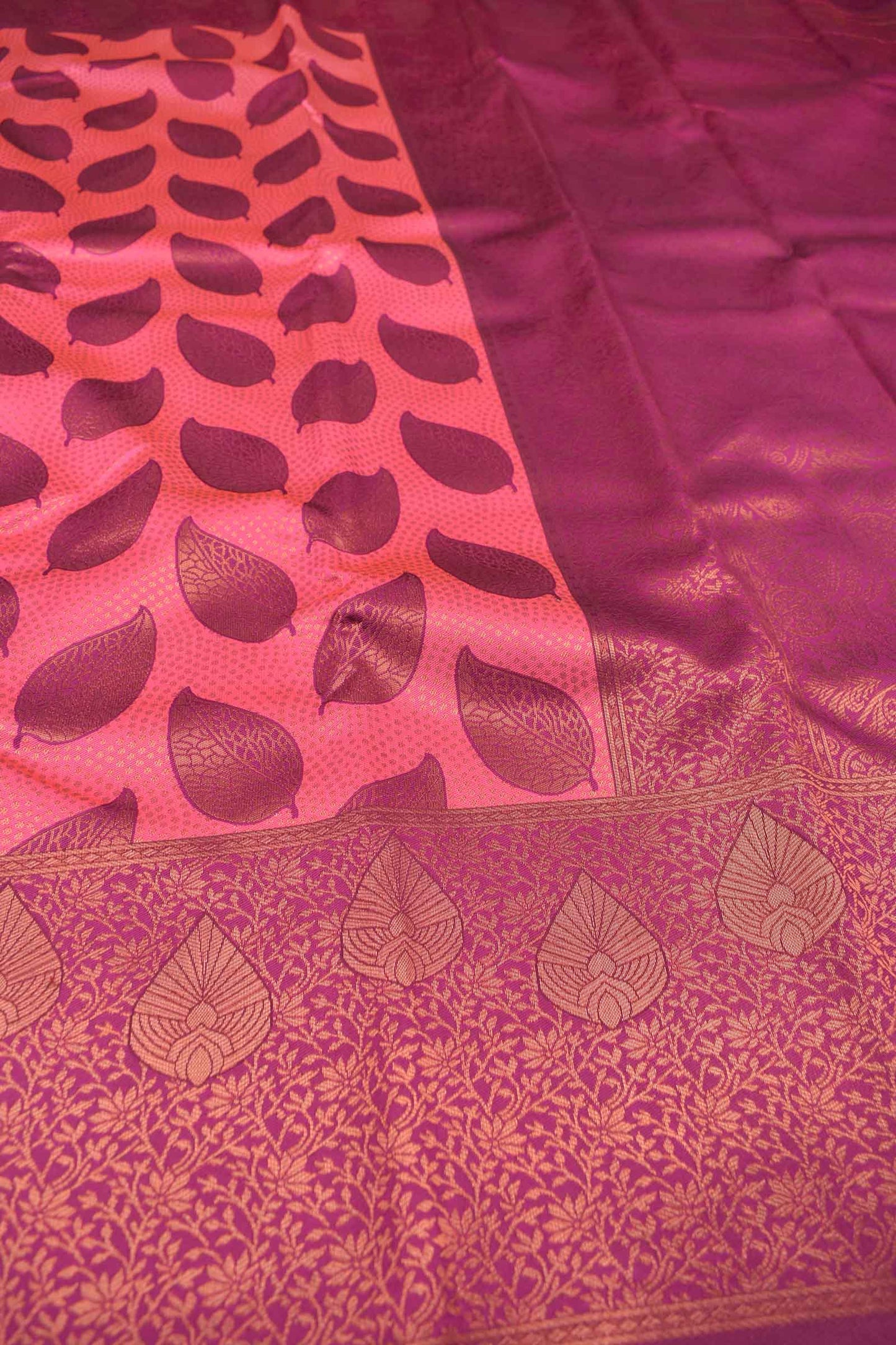 Dark Pink Semi Silk Maroon Leaves Saree