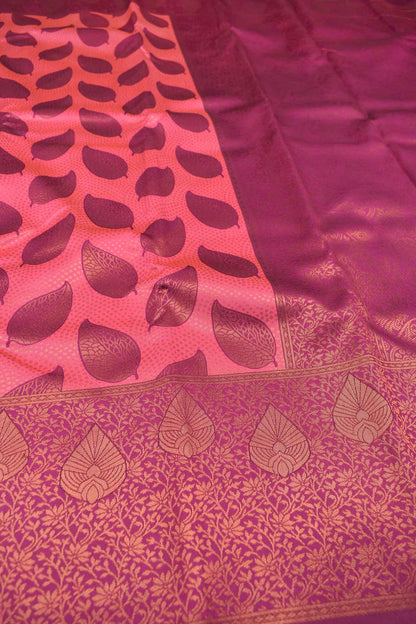 Dark Pink Semi Silk Maroon Leaves Saree