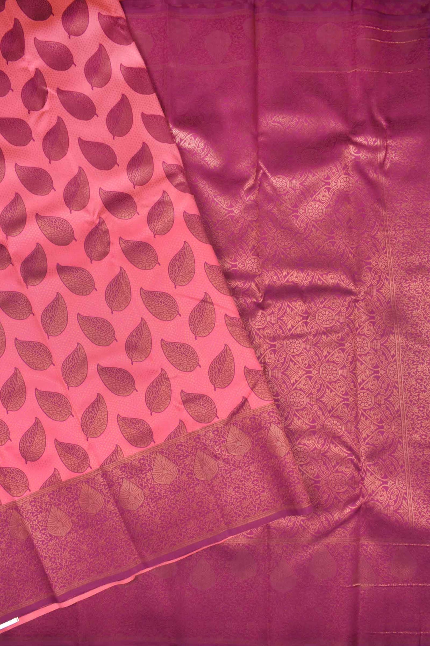 Dark Pink Semi Silk Maroon Leaves Saree