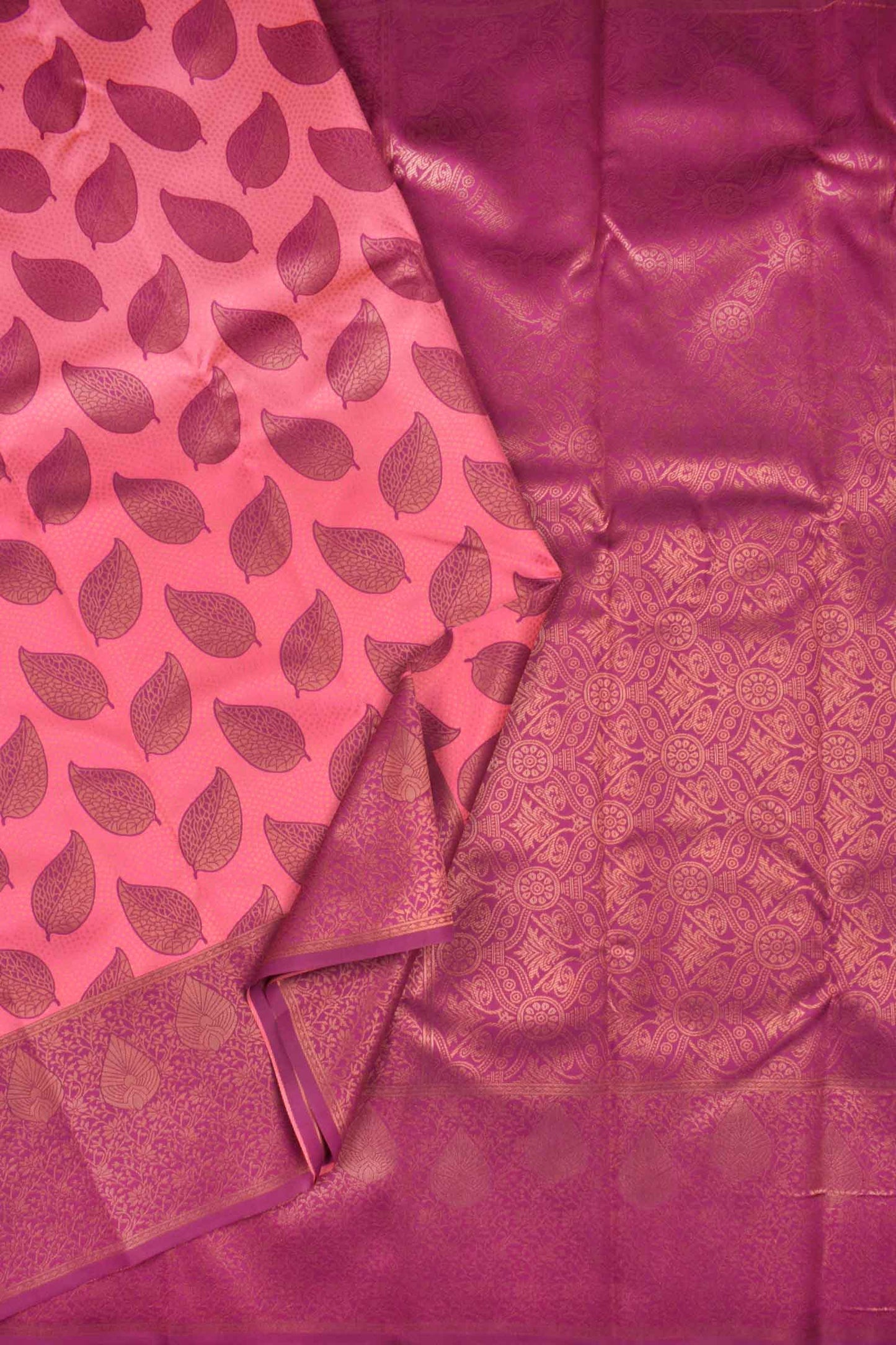 Dark Pink Semi Silk Maroon Leaves Saree