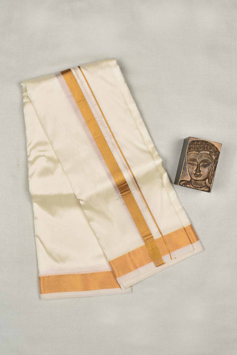 Cream Art Silk Tradional Gold Border Mens Dhoti