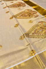 Kerala Tissue Gold Leaf Embroided Butta Saree