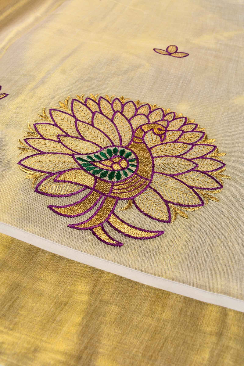 Kerala Gold Tissue Dancing Peacock Butta Saree