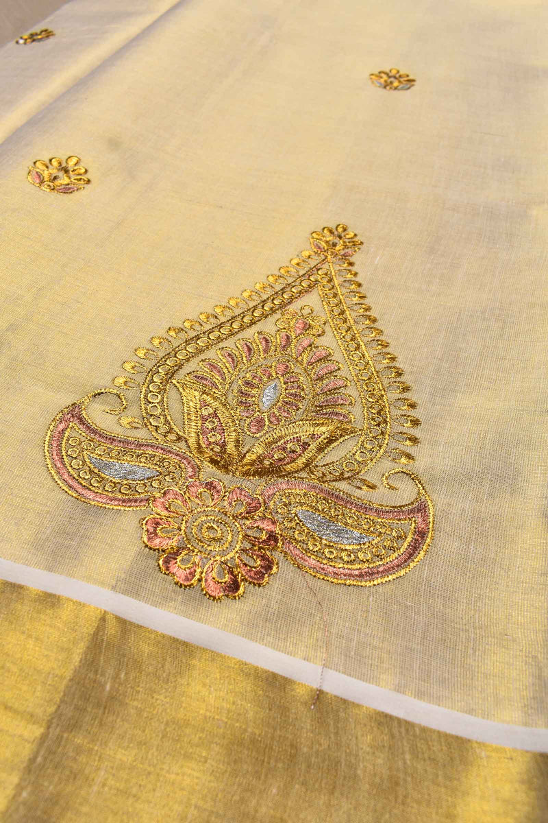 Kerala Tissue Gold Leaf Embroided Butta Saree