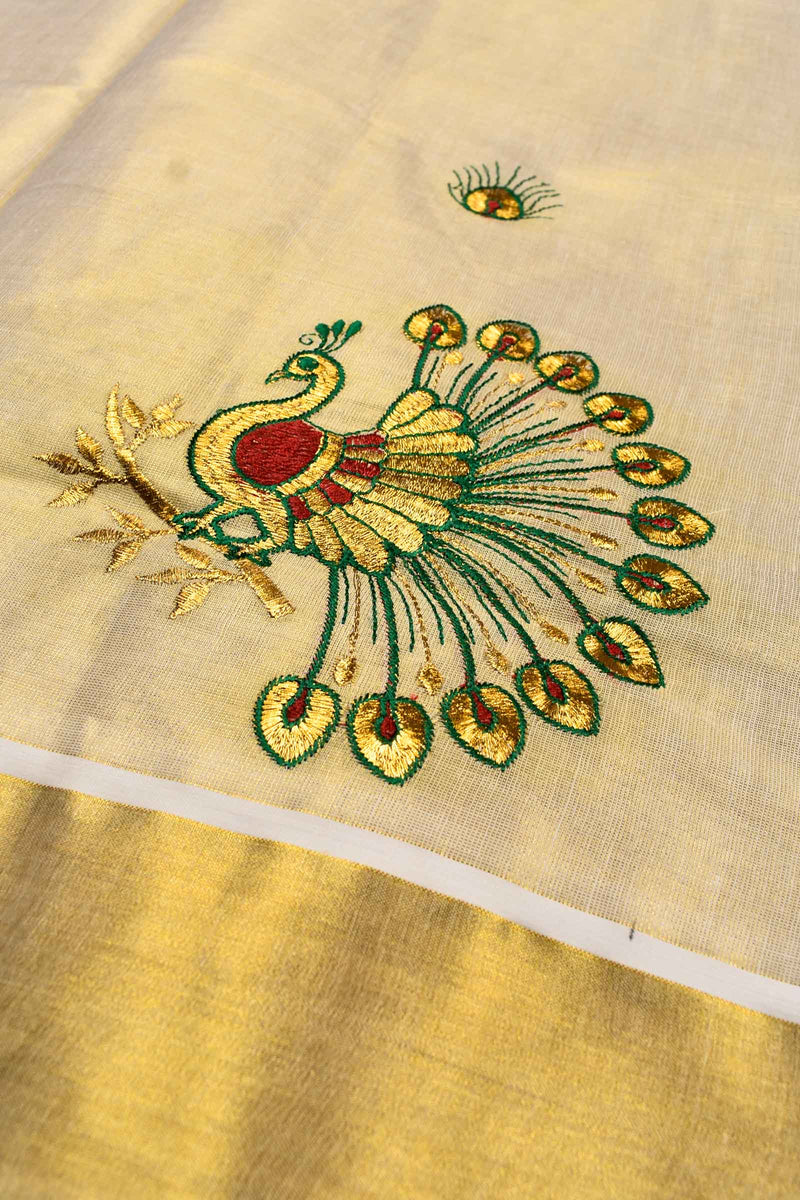 Kerala Tissue Gold Peacock Feather Butta Saree